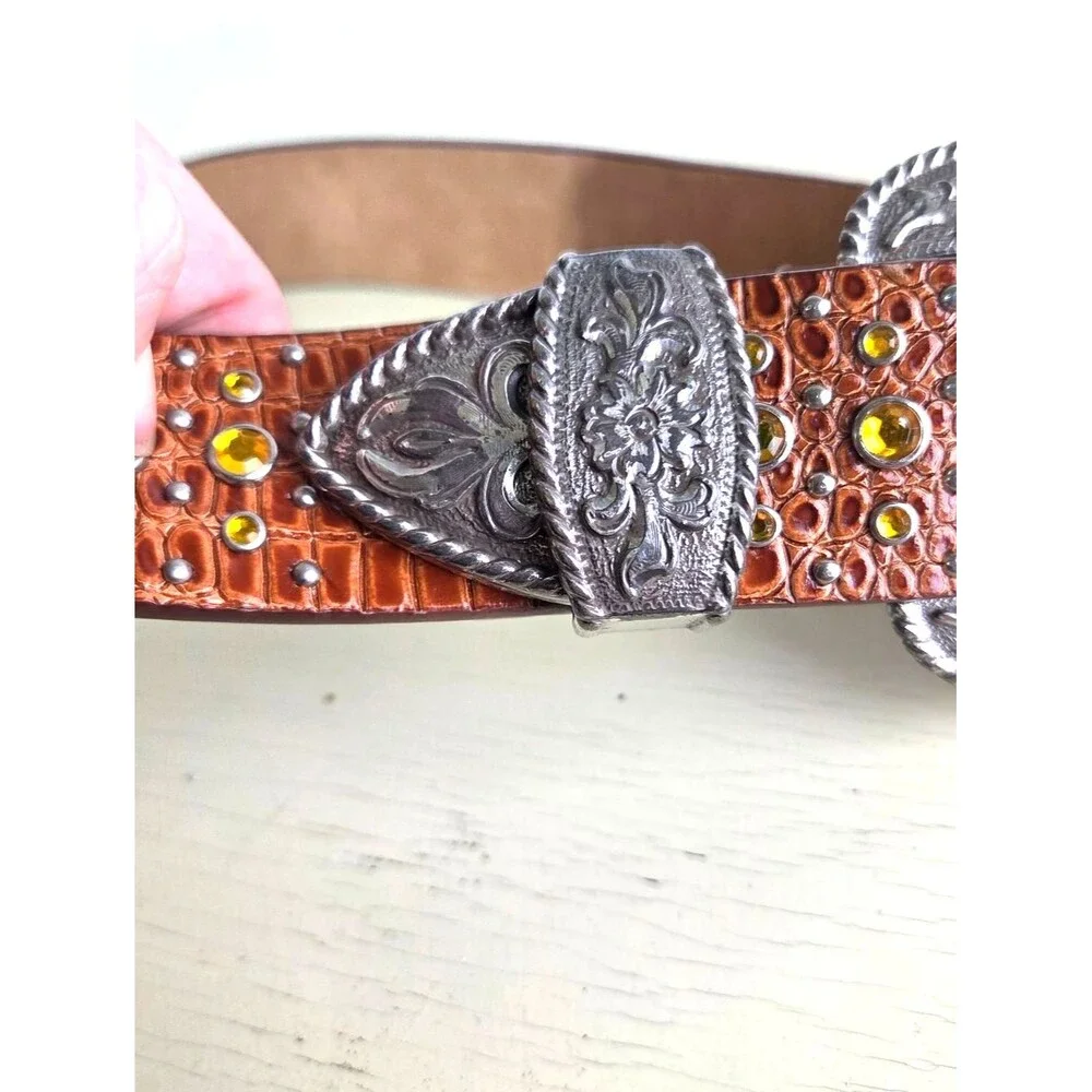 Vintage Ariat Western Leather Belt 1996 Brown Studded Rhinestone Concho Women M